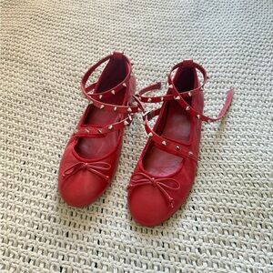 SCHUTZ Red Studded Ballet Flats with Lace-Up Design